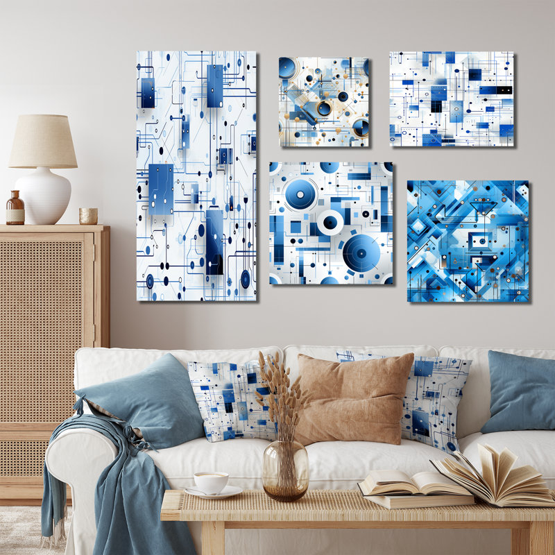 Daanya - Ensemble de 5 impressions sur toile géométriques, Cadre flottant noir