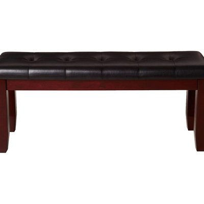 Seat Bench With Tapered Wood Legs, Upholstery, Button , Rectangular Shape, Solid And Construction, Cherry Brown For Bedroom & Living Room Leather-Like Seat, Wooden Rectangular, , Finish