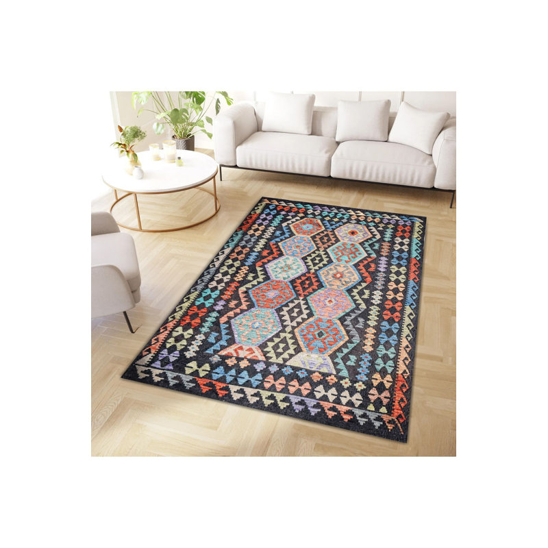 Tapis multicolore à motifs géométriques scandinaves, Rectangle 3 pi 3 po x 4 pi 11 po 