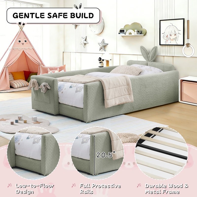 Twin Size Bed Frame, 82.99" Upholstered Daybed Platform Floor Bed W/Storage Pocket Cute Rabbit Ear Shaped Headboard for Bedroom, No Box Spring Needed