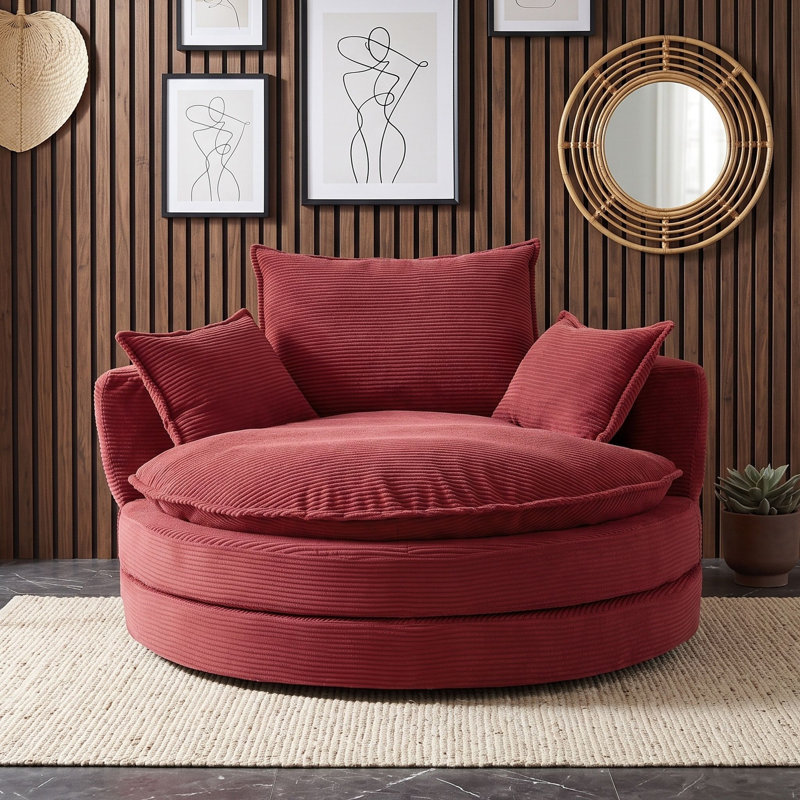 Fauteuil d'appoint pivotant à 360 ° avec coussin double en mousse profonde et 3 coussins de soutien amovibles, Rouge