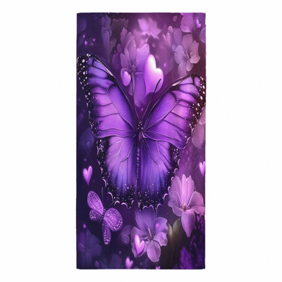 1Pcs Purple Butterfly Beach Towel, featuring a vibrant with intricate wing patterns surrounded by delicate flowers and hearts in dreamy watercolor style. Large microfiber, suitable for, swimming, travel, camp