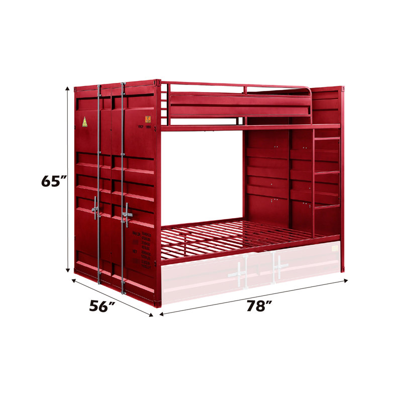 Lit superposé double / double Red Cargo, structure en métal, panneaux encastrés, serrure complète, système de lattes (20 + 20), radiofréquencemètre seulement, garde d'accès facile, profondeur de produit 56 po, largeur 78 po, hauteur 65 po, lit de référence avec capacité de 330 lb