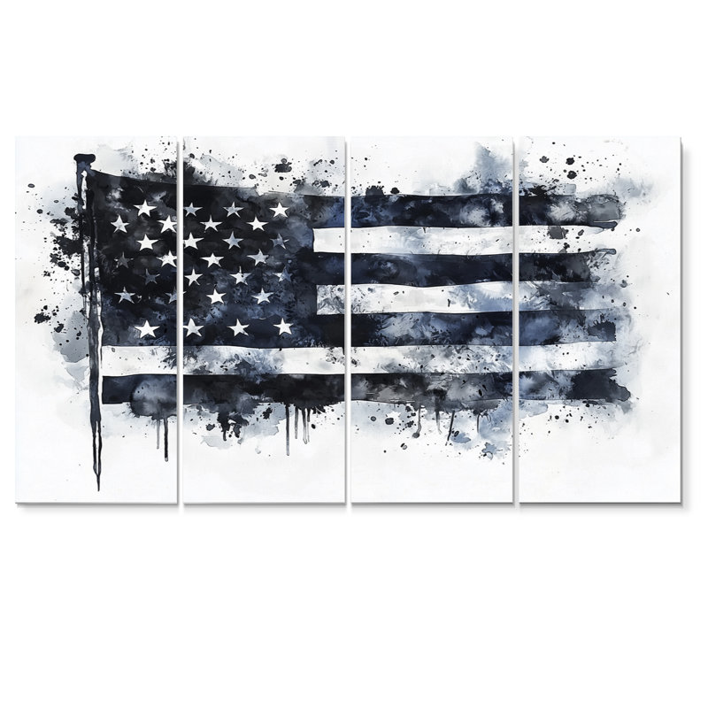 Aquarelle, drapeau américain noir et blanc - art mural États-Unis - ensemble de 4 décorations murales traditionnelles