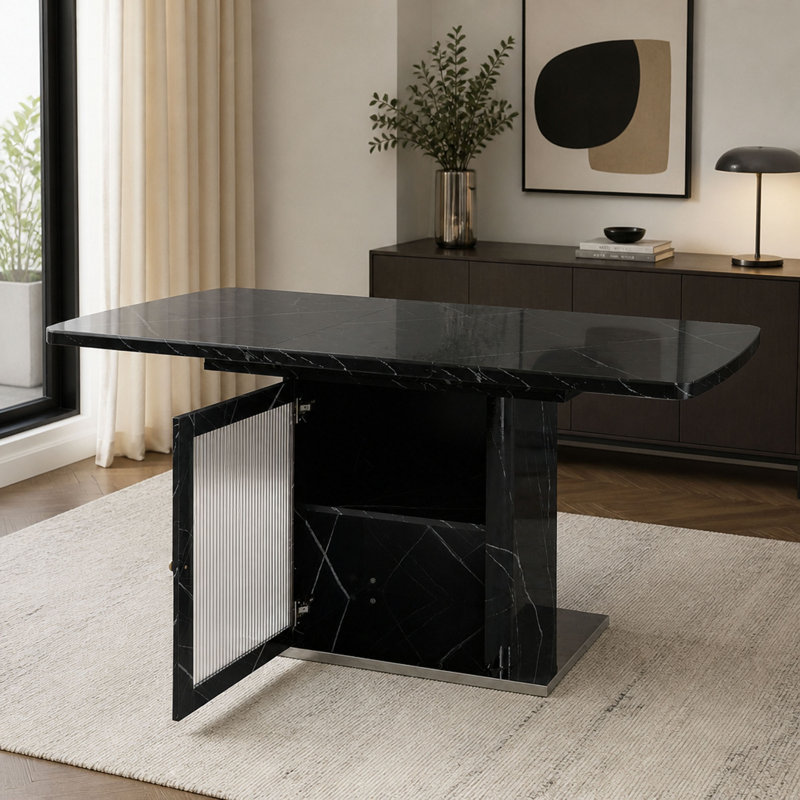 with Glass and Steel Base Dining Table, Noir