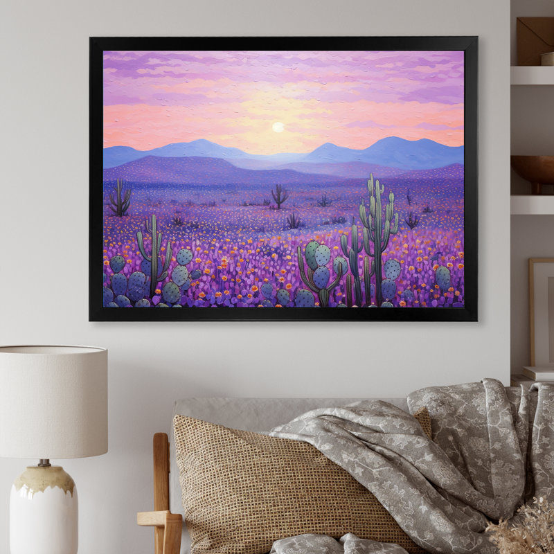 Cactus lavande paysage I sur toile, Cadre simple noir, H 34 po x l 44 po x P 1,5 po