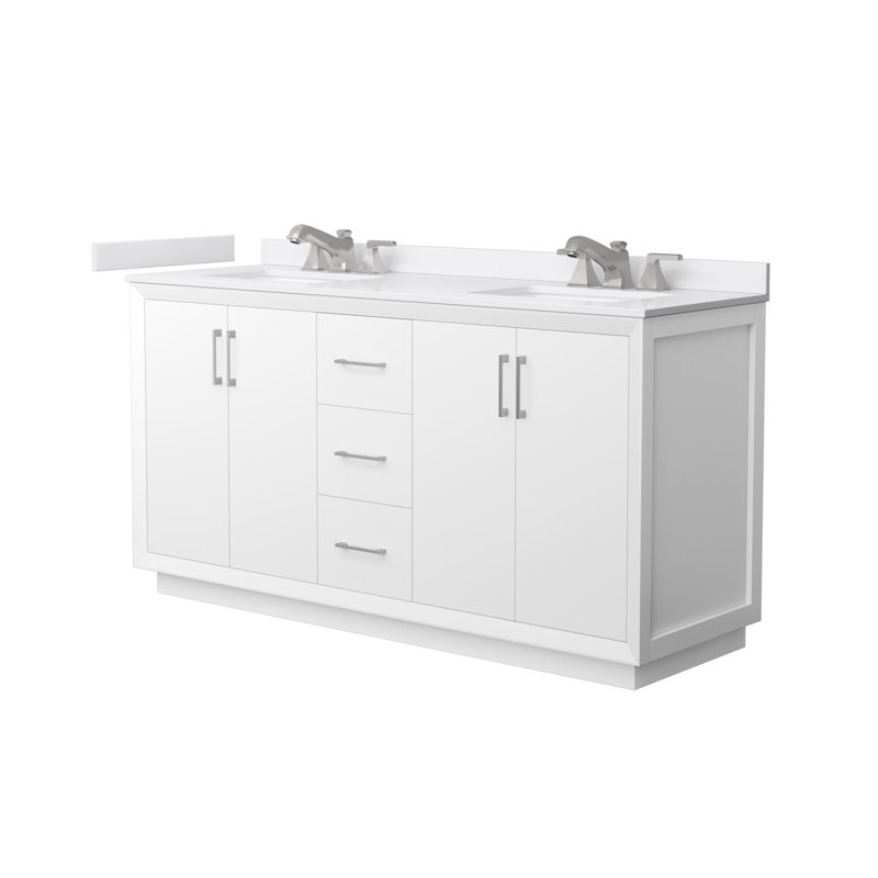 Strada 66" Freestanding Double Bathroom Vanity with Cultured Marble Top, Brushed Nickel, White