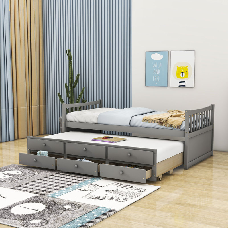 Twin Storage Platform Bed with Trundle and Drawers, Gray