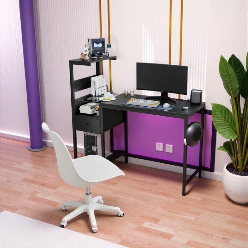 Multifunctional Gaming Computer Desk with LED Lights & Charging Ports Study Writing Table with USB Ports Charging Station, PC Desk Workstation