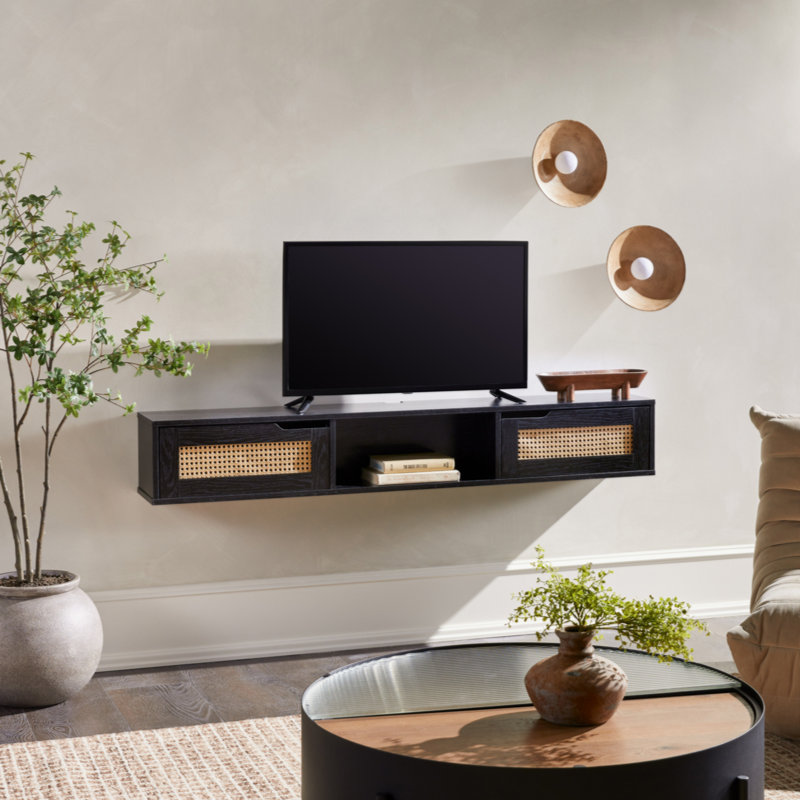 Petoskey Floating Wall Mounted TV Stand with 2-Dropdown Doors, Black, 58" W