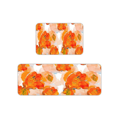 White Orange Floral Kitchen Mats, 2 Pack for Bright Home Decor
