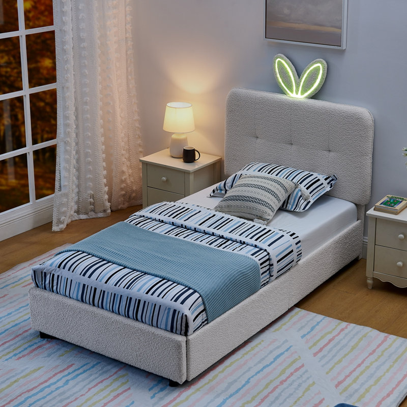 Lit rembourré en tissu avec lumière DEL et 4 tiroirs de rangement Boucle, Beige, Lit simple
