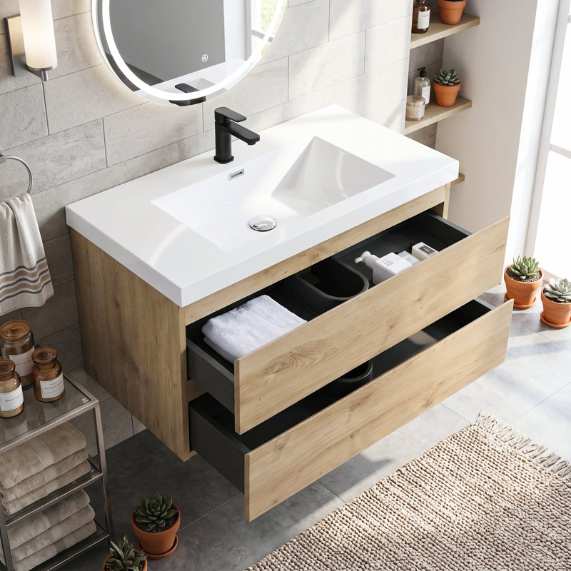 Meuble-lavabo suspendu de 91 cm (36 po), armoire en mélamine de bois avec lavabo intégré en résine et carbonate de calcium, préassemblé