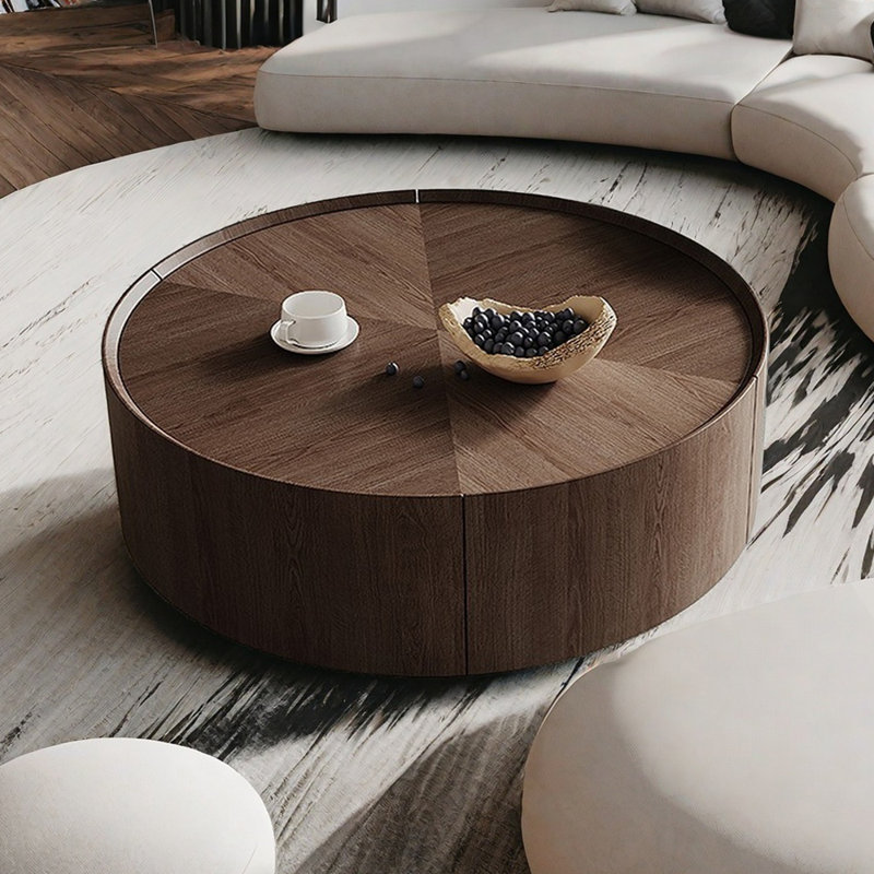 Table basse ronde en chêne et acier, H 12,59 po x L 35,43 po x l 35,43 po