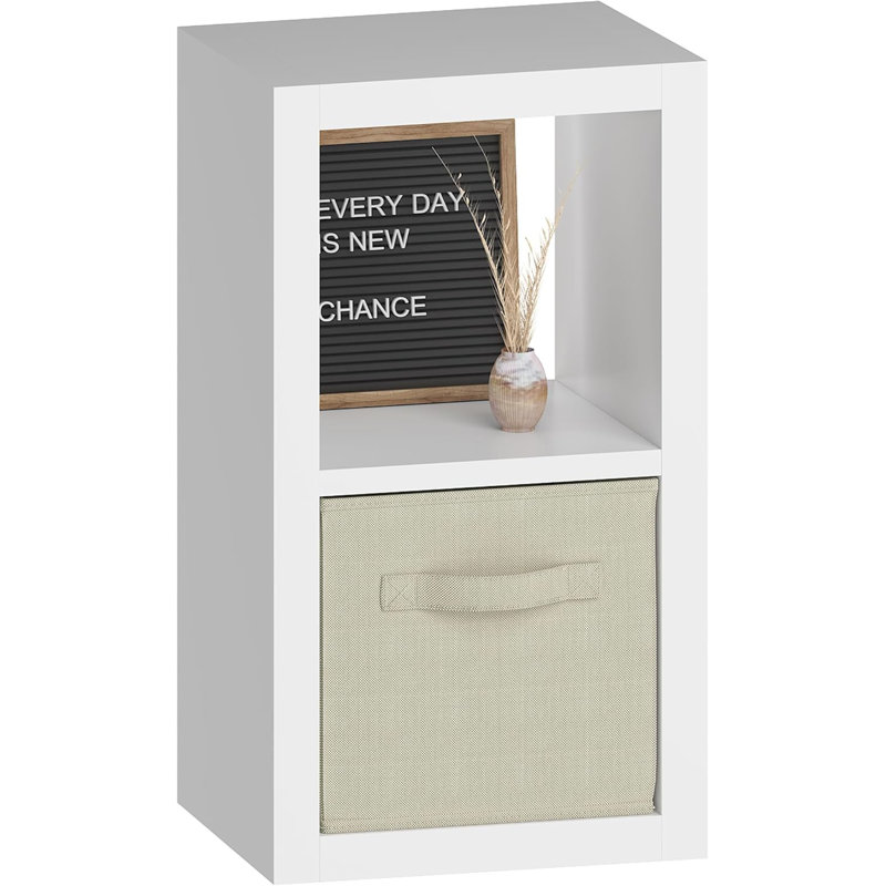 Bookshelf with Storage Bin, 2-Cube Storage Organizer, Modern Wood Open Bookcase, Multifunctional Display Shelf for Living Room, Bedroom, Home Office, White