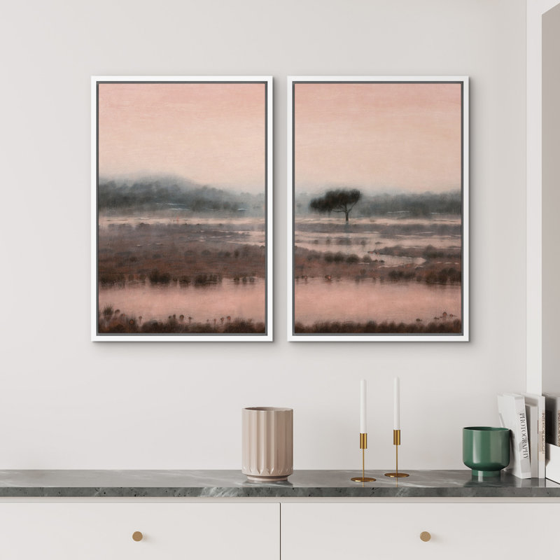 «Misty Wetland Landscape with Lone Tree», reproduction d'art sur toile encadrée pour chambre principale, 2 pièces, Blanc