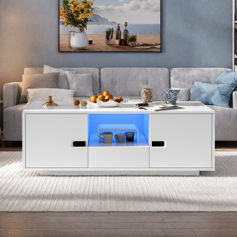 Modern High Glossy Rectangle Coffee Table With 2 Cabinets, One Drawer, 16 Colour Led Lights And A Open Shelf, White