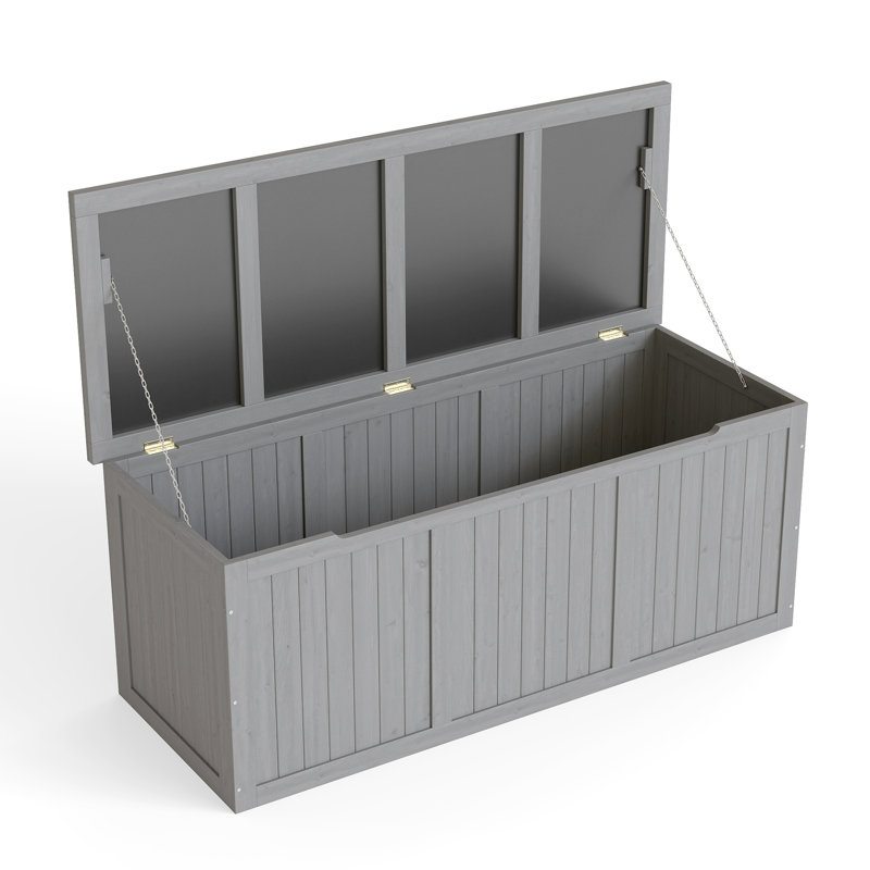 Boîte de rangement extérieure en bois massif de 112 gallons pour ranger les meubles de patio, les accessoires de piscine et les outils de jardin - emplacements de conception élégants avec fonction de table de siège