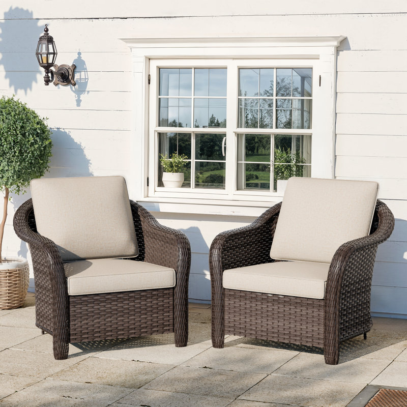 Polyethylene (PE) Wicker Wicker Outdoor Handrails Shaped Steel 2-Armrest Chairs Set with Beige Cushion, Beige