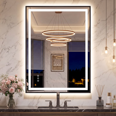 Miroir de salle de bain à cadre noir avec lumières DEL, miroir de meuble-lavabo rétro-éclairé à l'avant et à l'arrière, anti-buée réglable en continu avec fonction de mémoire de température de couleur 3 Miroir en verre trempé certifié UL et ETL