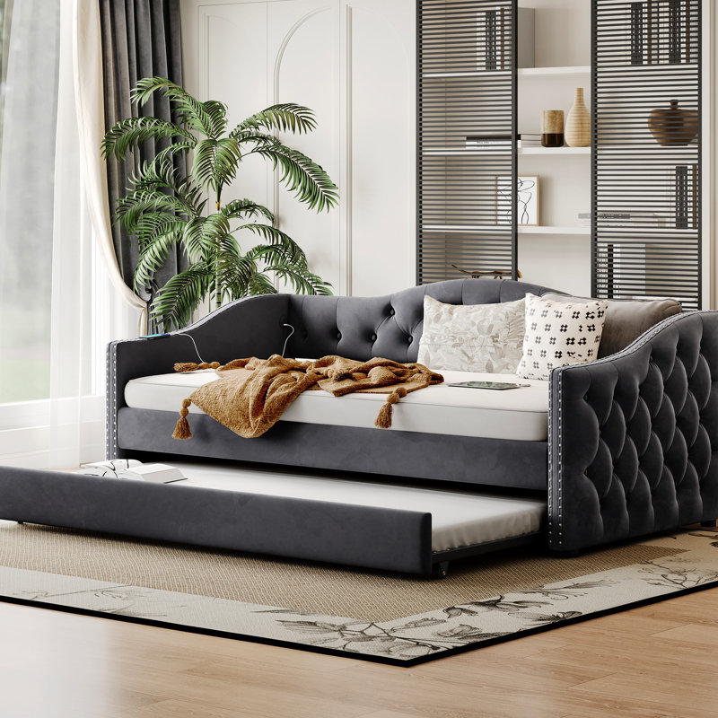 Twin Size, Gray Daybed, Trundle, Charging, Wood Frame, Velvet Fabric, Mid - Century, Back, Waved Arms Twin, Upholstered Velvet, Charging Design, Slats Support, Century