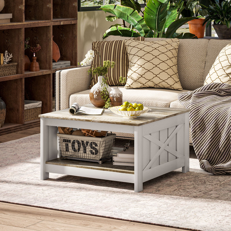 Farmhouse Coffee Table with Storage Shelf Distressed Oak and Brown