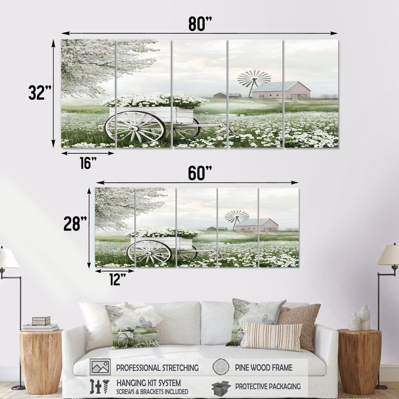 August Grove White Flower Cart At The Barn I - Barn Canvas Art Set ...