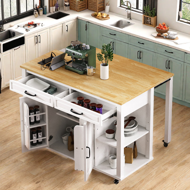 Kitchen Island With Extendable Dining Table, Internal Storage Rack, Power Outlet, 2 Drawers, 2 Cabinet And Open Shelves