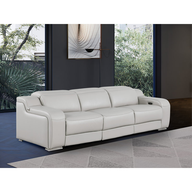 3-Piece 3-Power Reclining Top Grain Italian Leather Sofa With Power Headrest, Light Gray