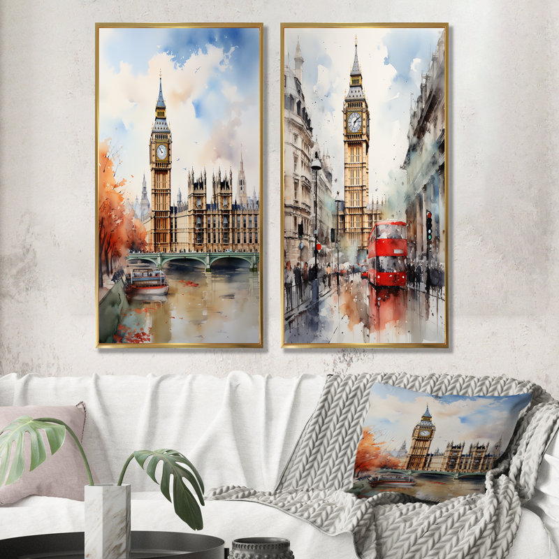 Big Benlondon Skylines I - London Skyline, ensemble de 2 impressions sur toile, Encadrement doré, H 40 po x l 41 po