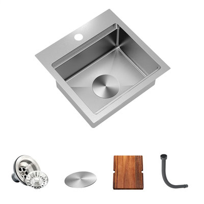 Drop-in Bar Sink, 15x15 inch,16 Gauge Stainless Steel Topmount Single Bowl Sink with Cutting Board