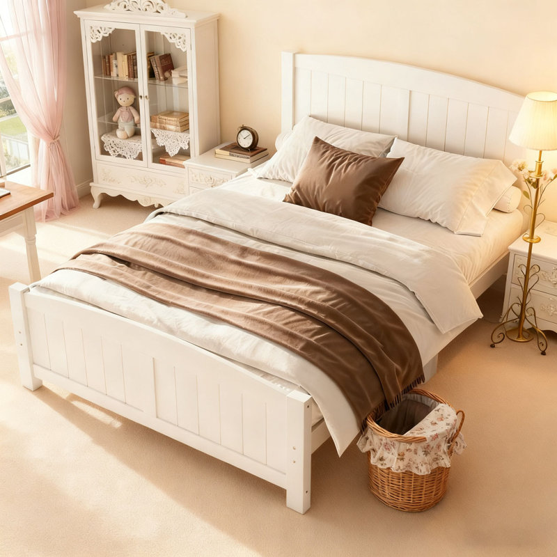 Solid Wood Platform Bed with Support Slats and Strong Structure, Light White, King