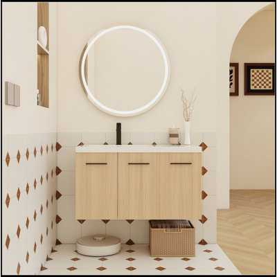 36-Inch Wall-Mounted Floating Bathroom Vanity with Gel Coat Sink, Light Oak Finish, 3-Door Modular Design for Ample Storage and Modern Aesthetics