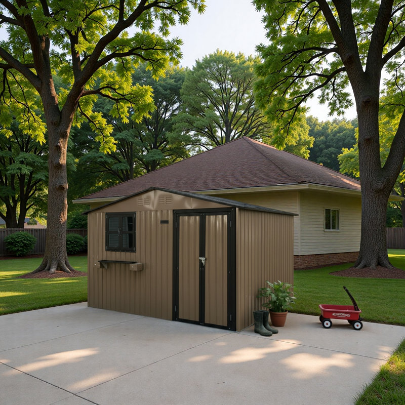 Remise de rangement extérieure en métal 10 pi x 8 pi avec fenêtre et support à fleurs, remise à outils verrouillable à deux portes, remise de jardin imperméable et résistante aux intempéries