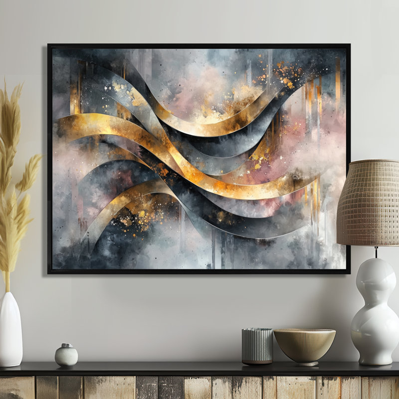 «Geometric Ink Pulse V - Abstract Spirals», art mural sur toile, H 12 po x l 20 po, Cadre flottant, Noir