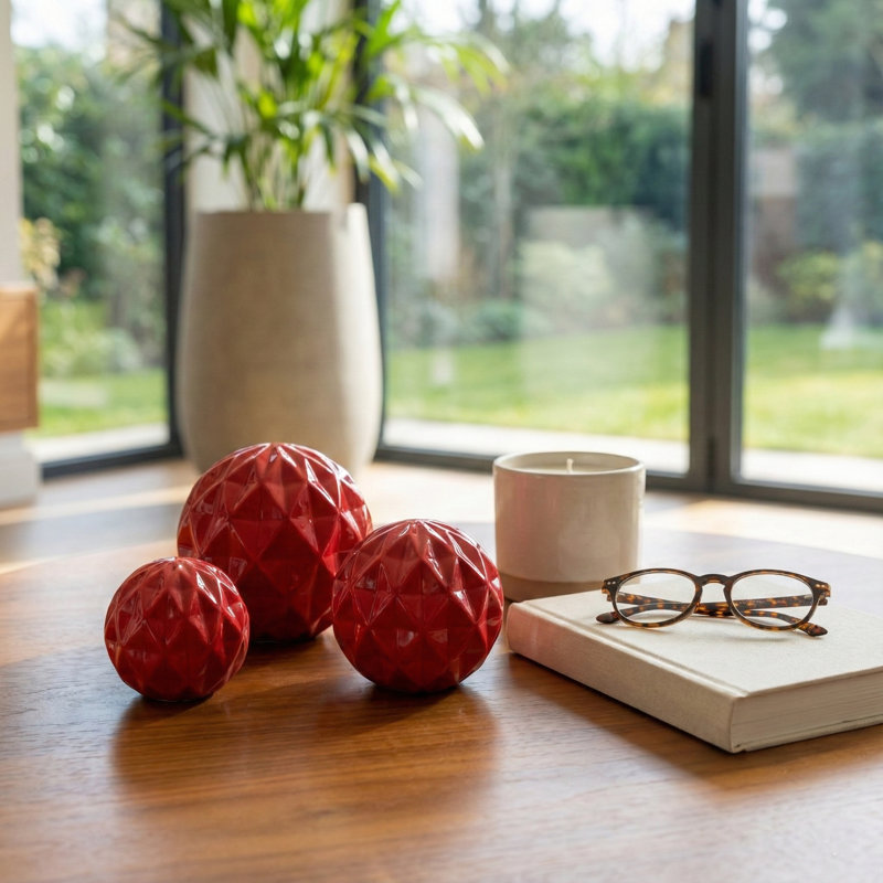 Decorative Ceramic Deco Ball Sculpture for Home Decor - Modern Object Accent for Office Styling or Living Room Decoration - Set of 3, 6", 5",4", Red