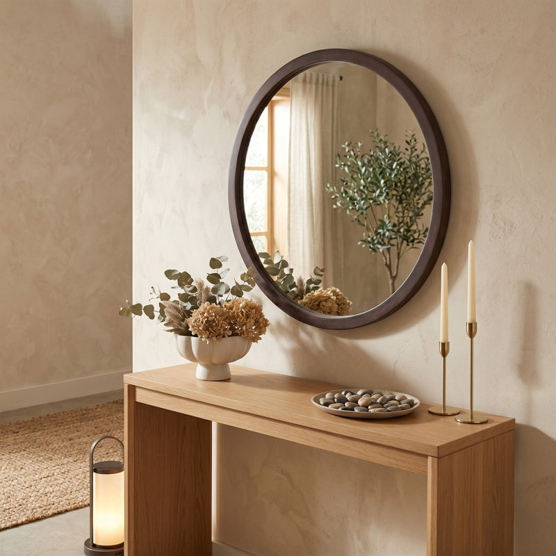 20" Round Wall Mirror with Walnut Circle Frame, Brown