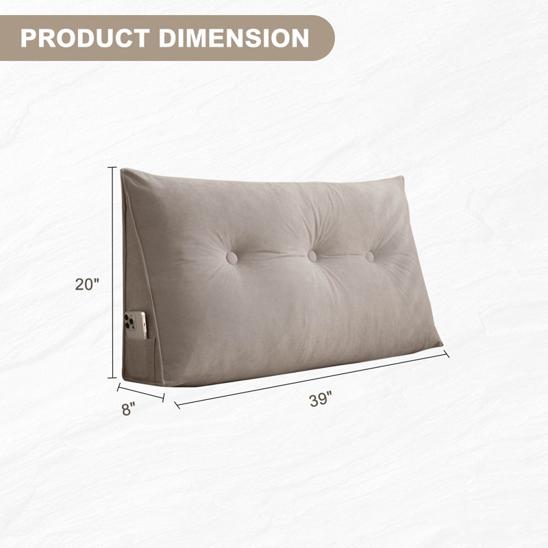 Oversized Chenille Bed Reading Pillow With Triangular Support & Side Pockets, Light Gray, Rectangle 20"H x 39"W