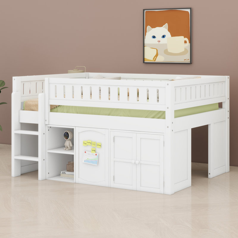 Lit mezzanine avec armoire de rangement et tableau noir, Blanc