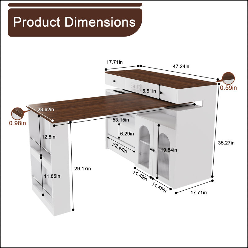 47" Kitchen Island with Extendable & Rotating Table, 4 Drawers, and Glass Door Cabinets – Walnut Retro, Walnut