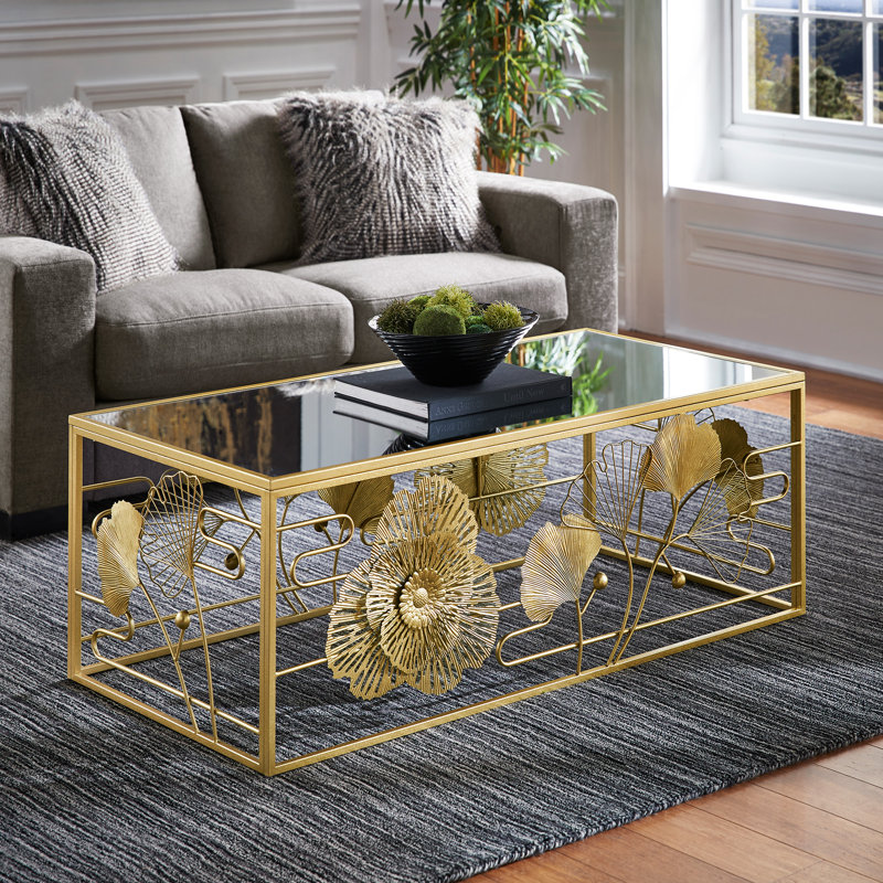 Lenssen Gold Finish Peony And Ginkgo Coffee Table With Mirror Top