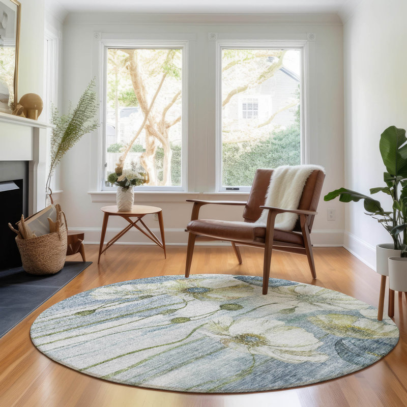 Premium Machine Washable Prisco Blue Rug, Round 8'