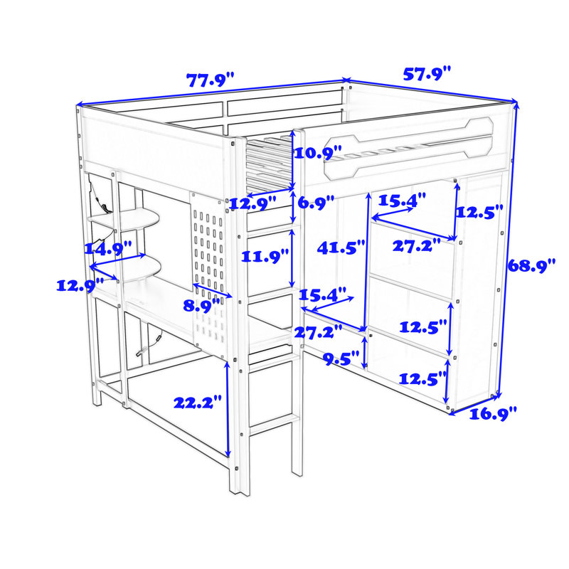 Lit mezzanine avec bureau, garde-robe, lumières RVB et ports USB, Bleu