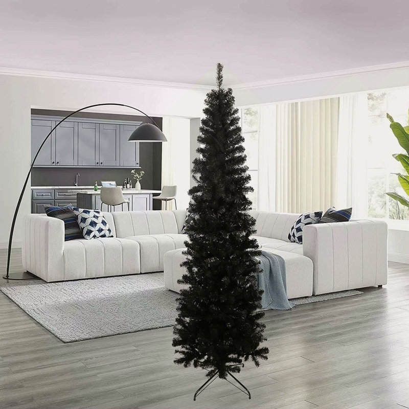 Arbre de Noël artificiel mince 7,5 pi avec base en métal pliable, Vert