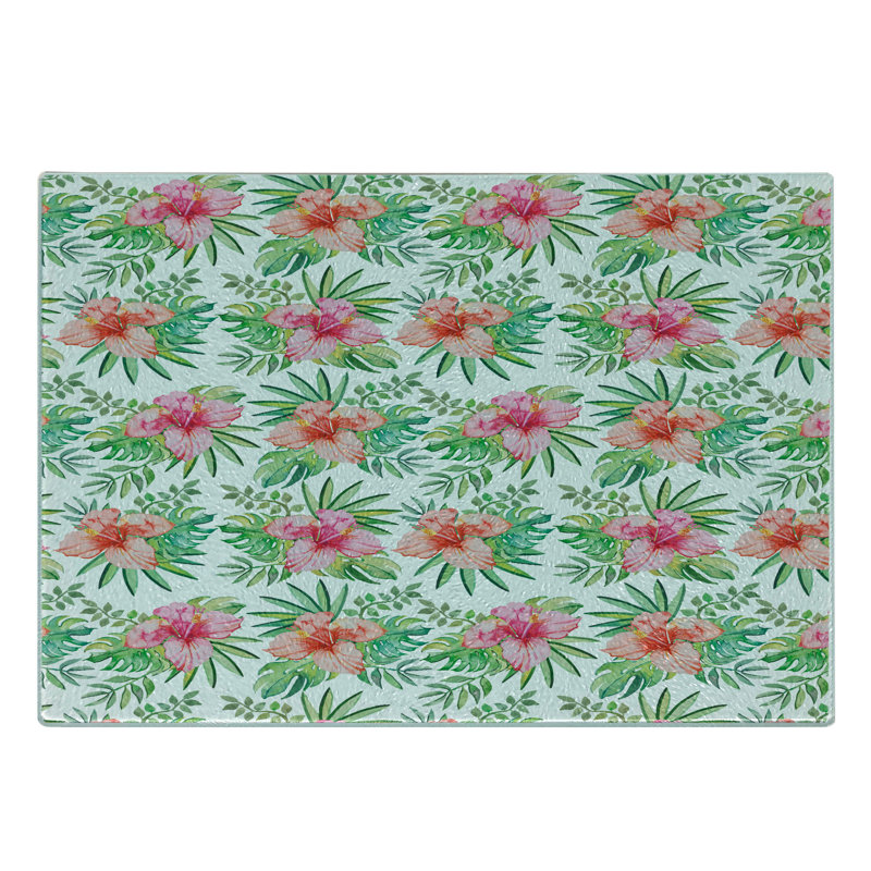 Ambesonne Luau planche à découper en verre trempé Hibiscus Monstera feuilles de palmier vermillon rose vif