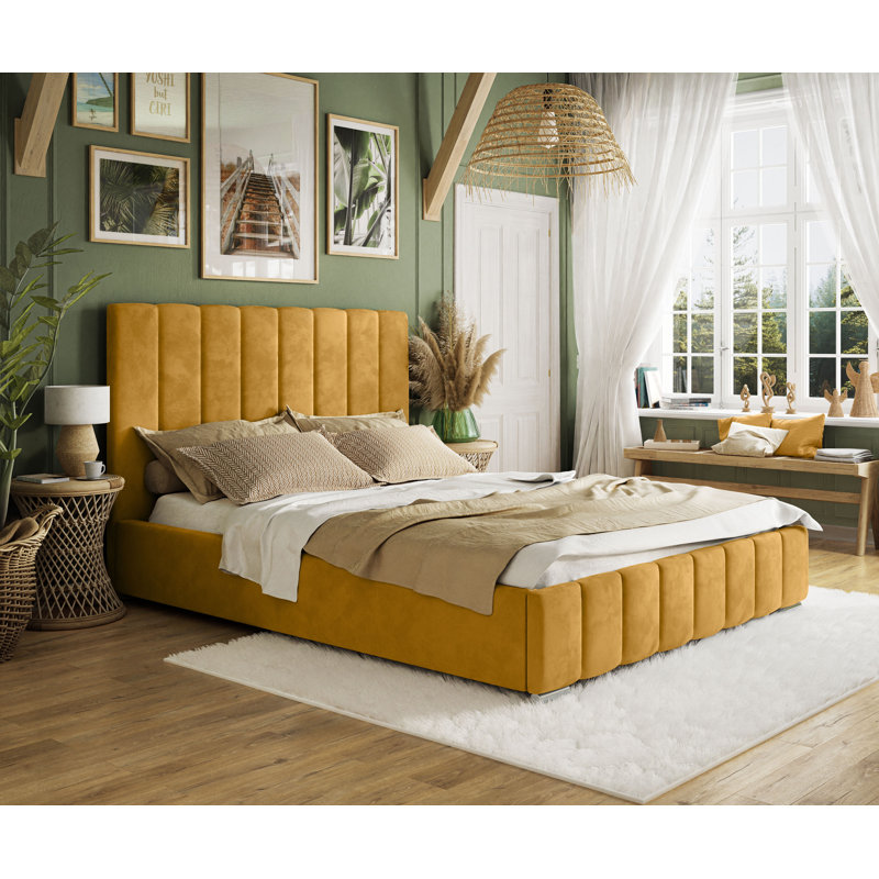 Emiljan Velvet Upholstered Bed, Honey, 160 x 200cm