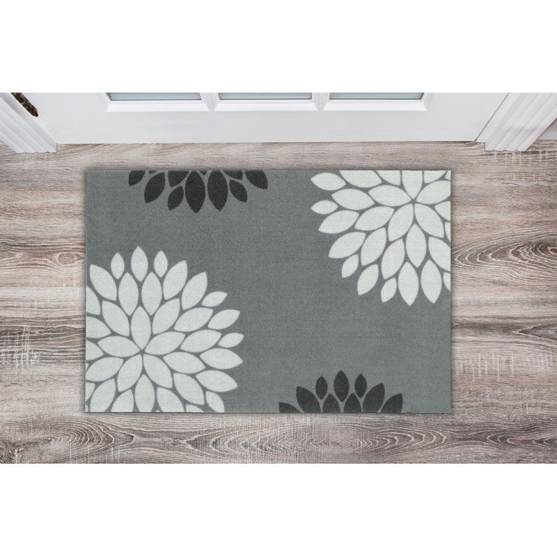 Calista Non-Slip Floral Doormat, Grey, 0.8cm H x 50cm W x 75cm L