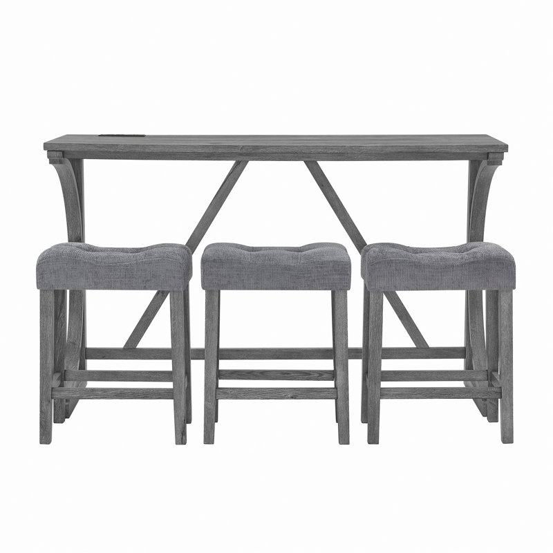 Ensemble de table et de chaises 4 pièces, table de salle à manger étroite avec prise de courant, 3 tabourets rembourrés, Gris