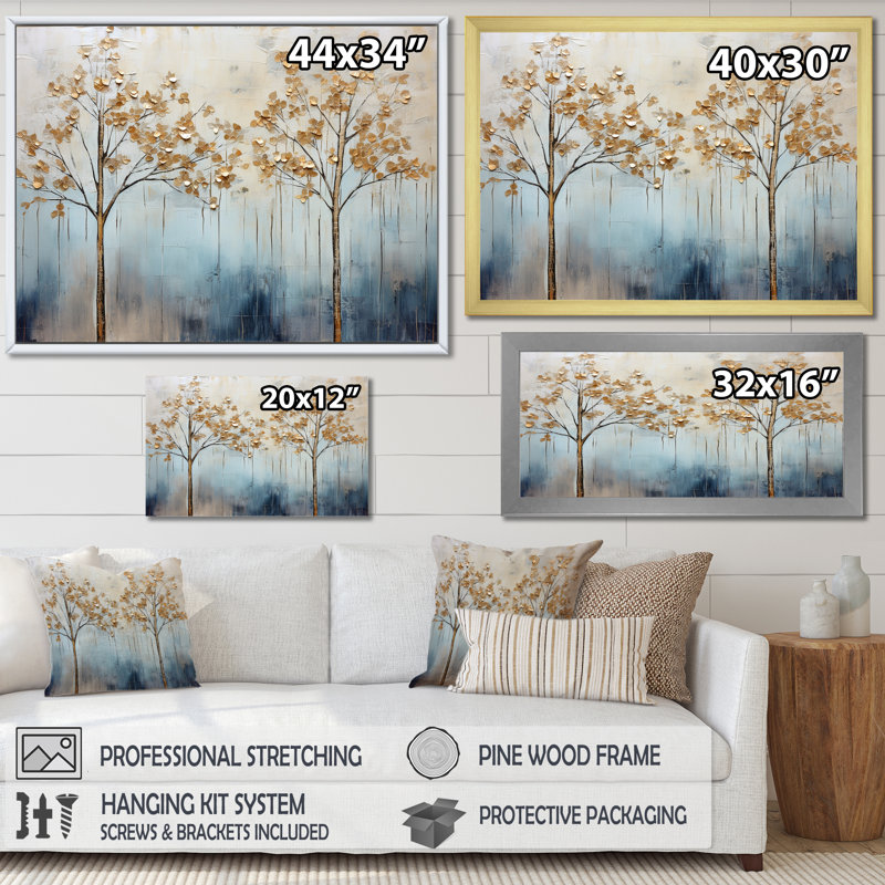 Minimalisme, scène d'arbres dorés et bleus VI sur toile, H 34 po x l 44 po x P 1,5 po, Cadre simple blanc