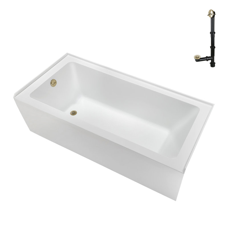 Baignoire en alcôve en acrylique blanc brillant avec drain externe 60 po x 30 po Streamline, Laiton poli